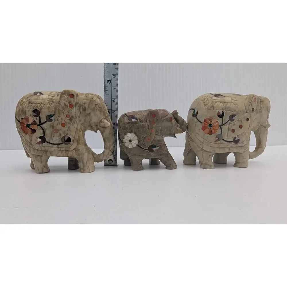 Set of 3 Inlaid Stone Marble (?) Elephants Floral Figurine Lot